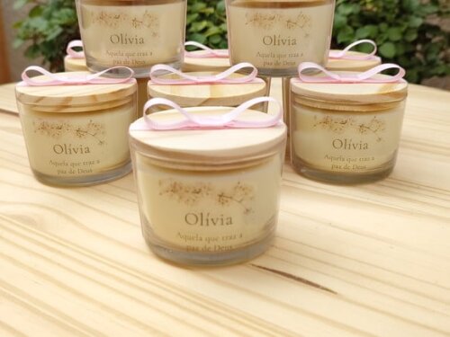 Lembrança Vela Aromática 100g Personalizada e Tampa Madeira