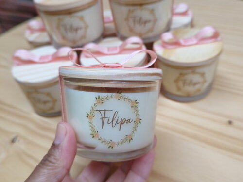 Lembrança Vela Aromática 100g Personalizada e Tampa Madeira