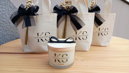 Lembrança Casamento Vela Aromática 100g com Mini Ecobag