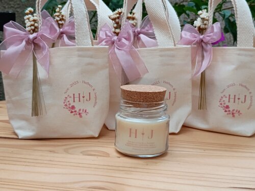 Vela Aromática 100g com Mini Ecobag Personalizada Casamento