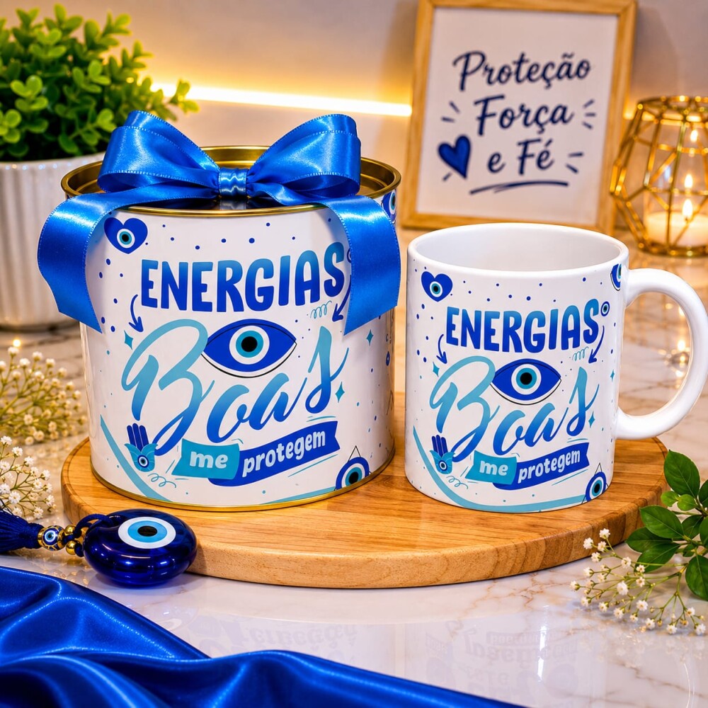 Caneca De Porcelana Mais Tubo Lata Personalizada Energias Boas