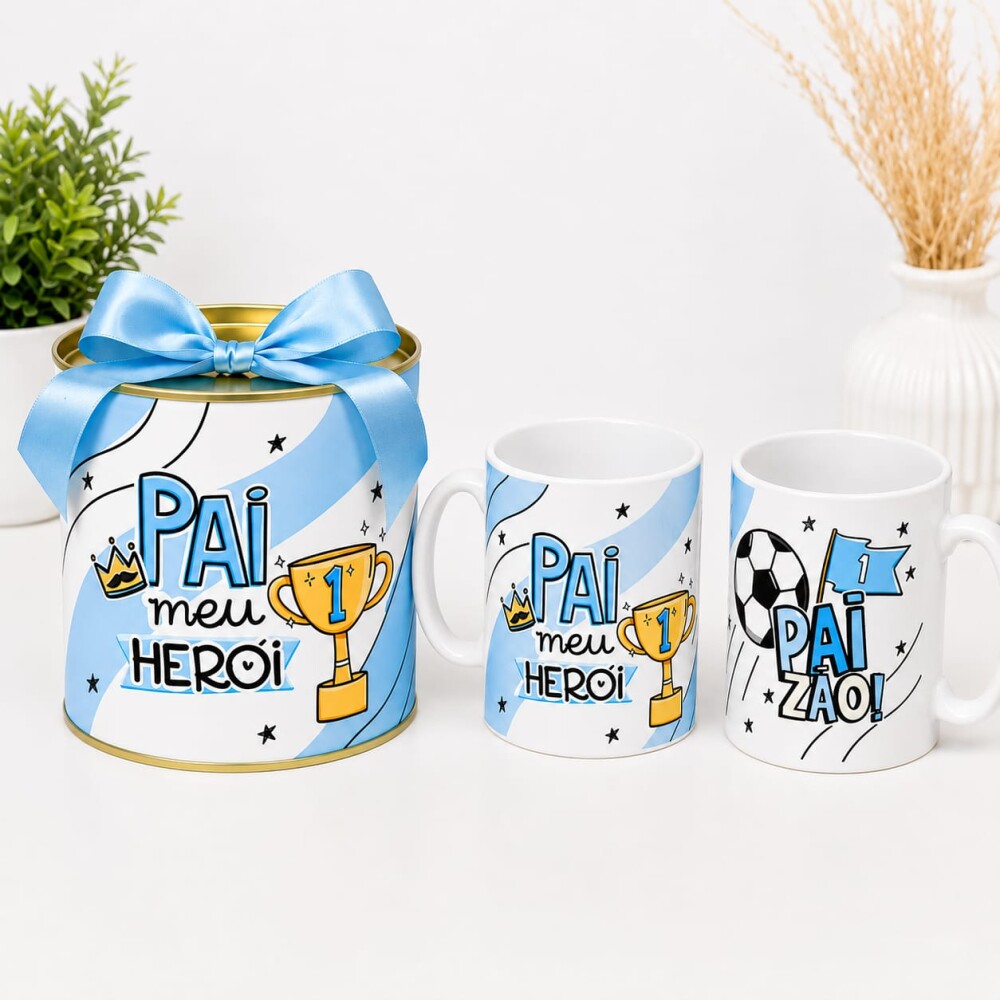 Caneca De Porcelana Mais Tubo Lata Personalizada Pai Meu Herói
