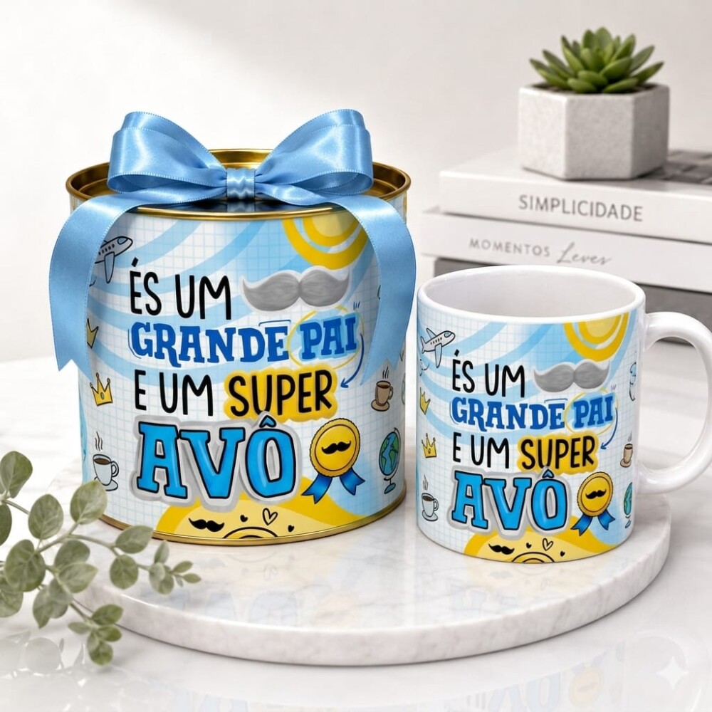 Caneca De Porcelana Mais Tubo Lata Personalizada Um Super Avô
