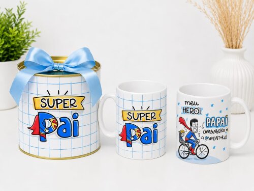 Caneca De Porcelana Mais Tubo Lata Personalizada Super Pai