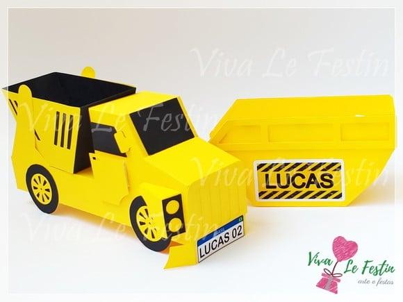 caixa caçamba em papelaria personalizado com nome e idade trator