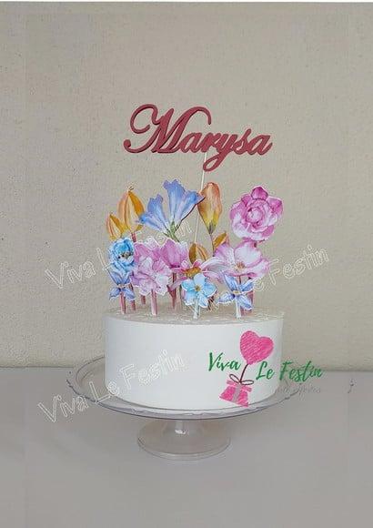 Topo de Bolo Flores Primavera Aquarelada Personalizado com Nome