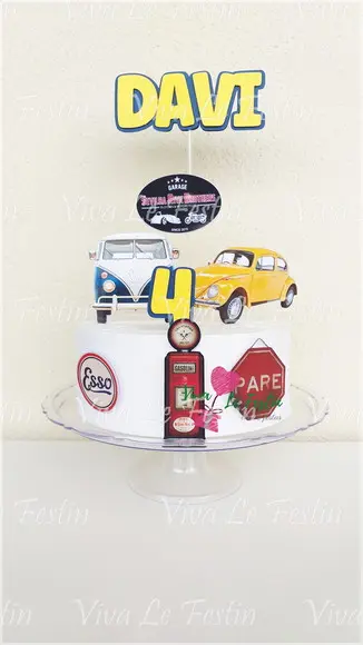 Topo de Bolo Carros Retro Fusca  Kombi com nome e idade