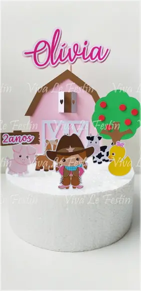 Topo de Bolo Fazenda Fazendinha Rosa Personalizado com Nome e Idade