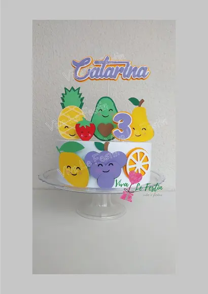 Topo de Bolo Frutas Frutinhas Camada de Papel com Nome e Idade