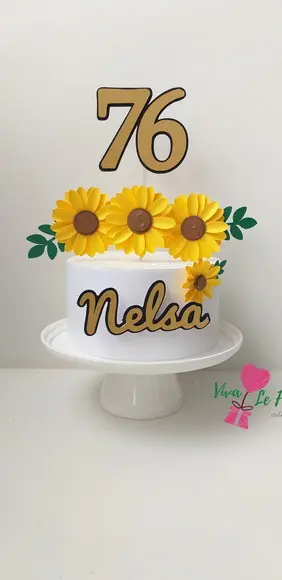 Topo de bolo Girassol Em Camada de Papel com Nome e Idade