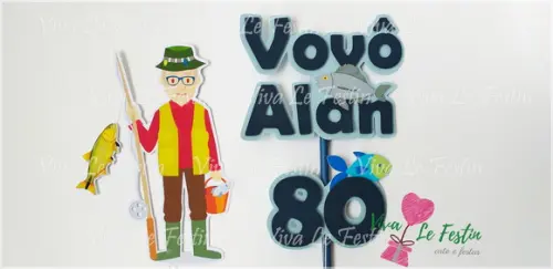 Topo de bolo personalizado com nome e idade tema pesca, pescador