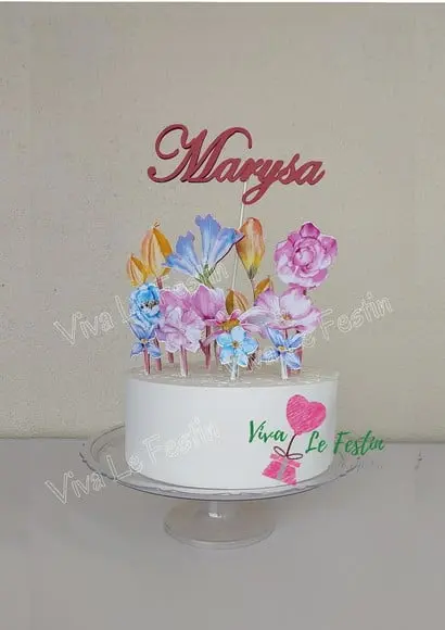 Topo de Bolo Flores Primavera Aquarelada Personalizado com Nome