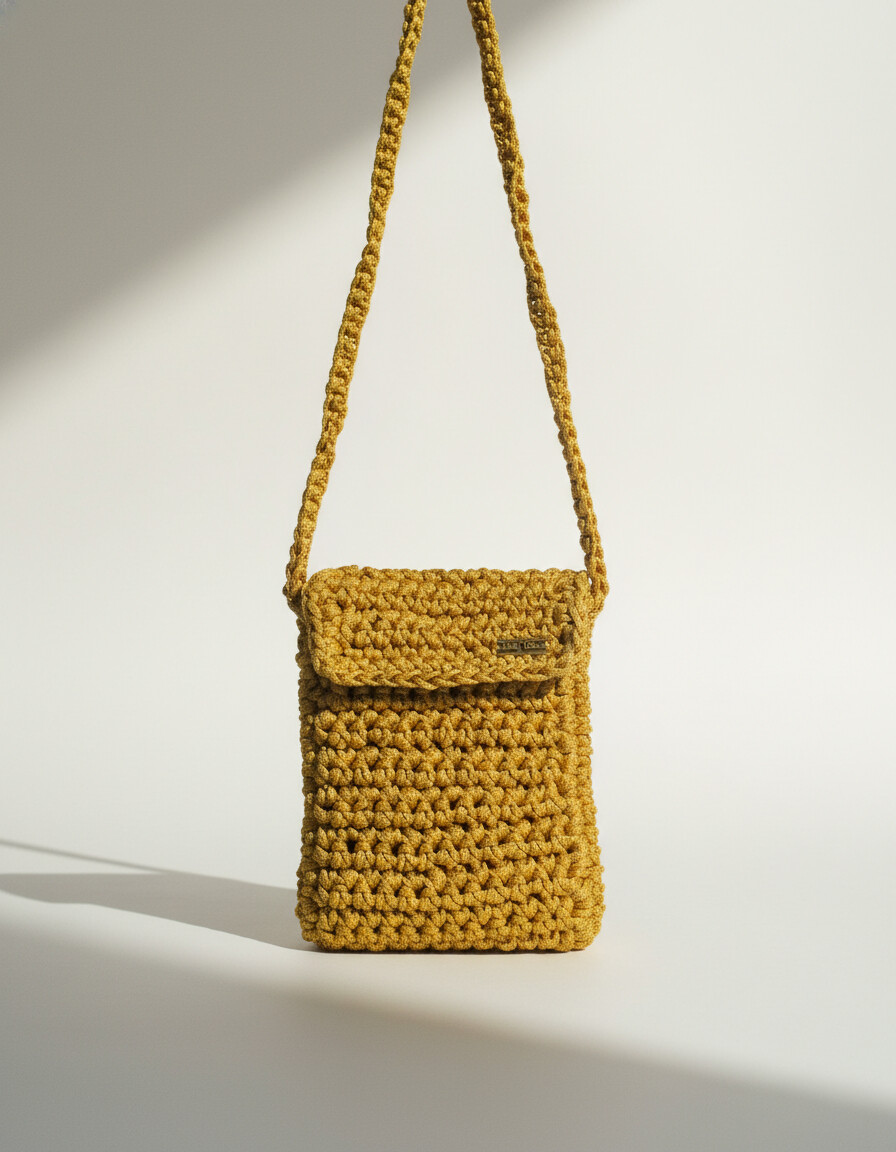 Bolsa de Crochê Feita Artesanalmente com Fio de Poliamida Dourad