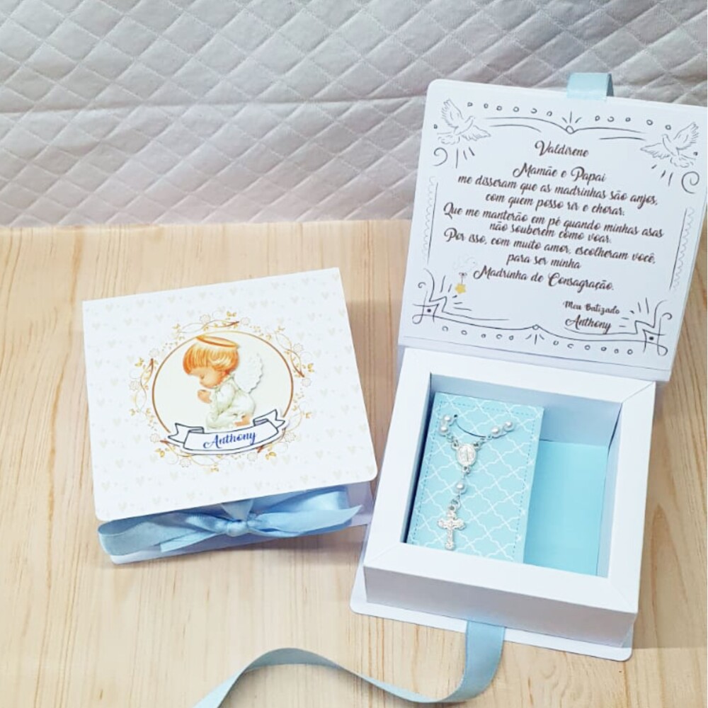 Kit 2 Convites Padrinhos Batismo Personalizado com mini Terço, c