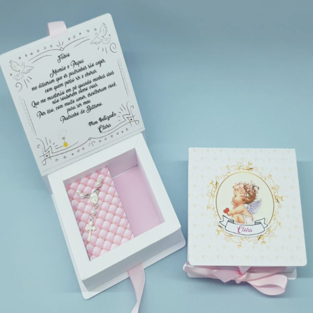Kit 2 Convites Padrinhos Batismo Personalizado com mini Terço, c