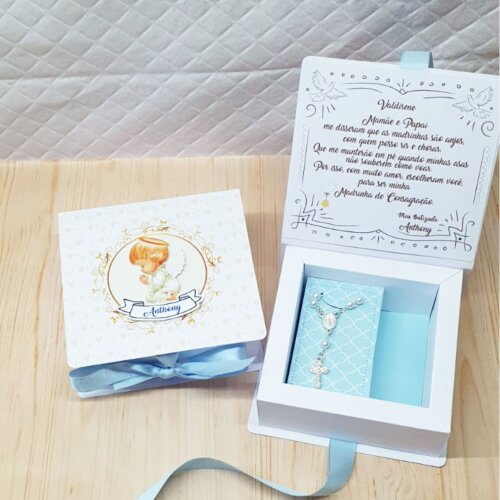 Kit 2 Convites Padrinhos Batismo Personalizado com mini Terço, caixa para madrinha, padrinho, batizado, Azul com fita azul