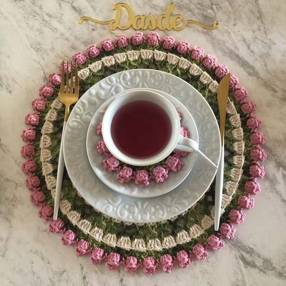 Sousplat Americano Croche Boho Tulipa Rosa Antigo - 2 unidades
