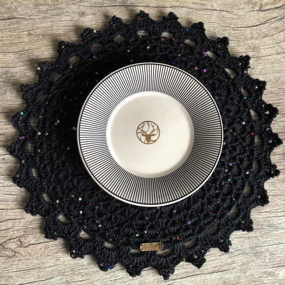 Sousplat Americano Croche Preto Micro Paetês - Par