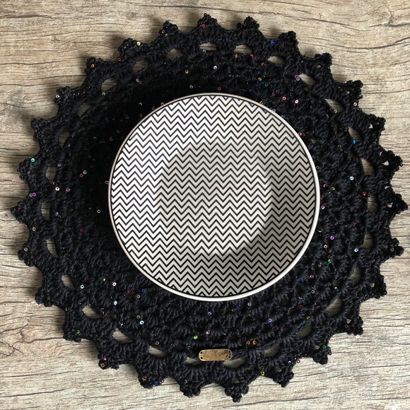 Sousplat Americano Croche Preto Micro Paetês - Par