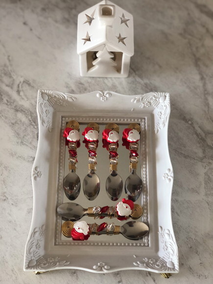 Colher Café Bordada Papai Noel - Talheres Bordados - 6 Pçs