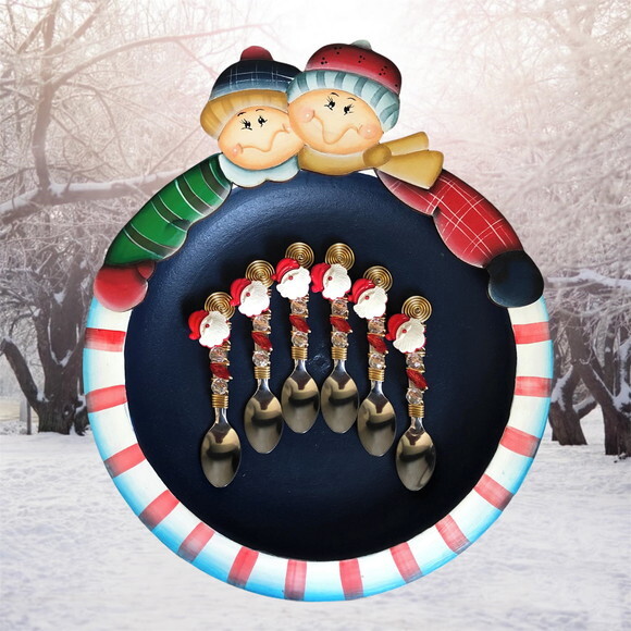 Colher Café Bordada Papai Noel - Talheres Bordados - 6 Pçs