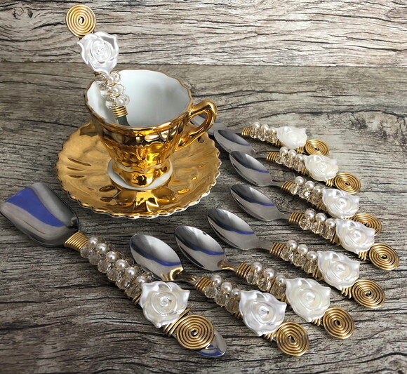 Colher Café Bordada Pérolas - 6 Pçs