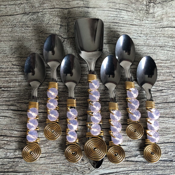 Colher Café Inox Bordada Cristais Rosa - 6 Pçs