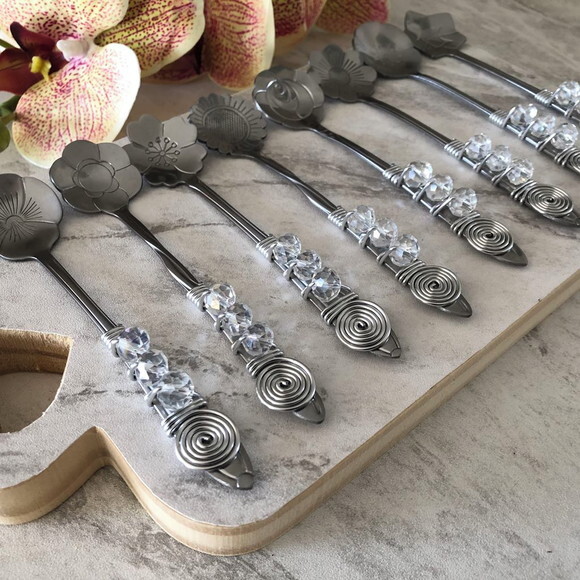 Colher Chá Bordada Flores Cristal - Talheres Bordados 8 Pçs
