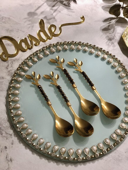Colher Chá Folhas Dourado Bordado Cristal - 4 Pçs