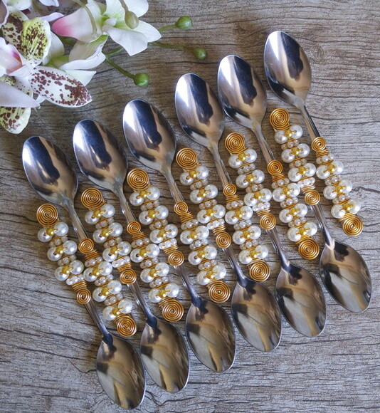 Colher Sobremesa Bordada Pérolas - Talheres Bordados - 6 Pçs