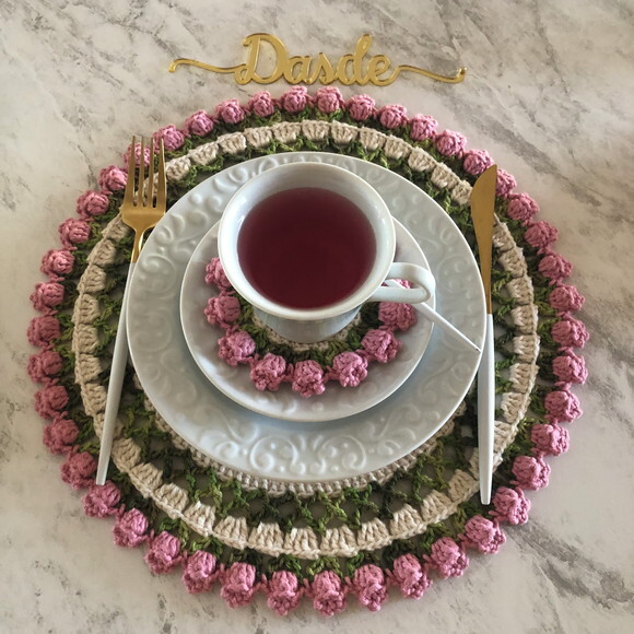Descanso Xícara Porta Copos Croche Tulipa Rosa Antigo - Par