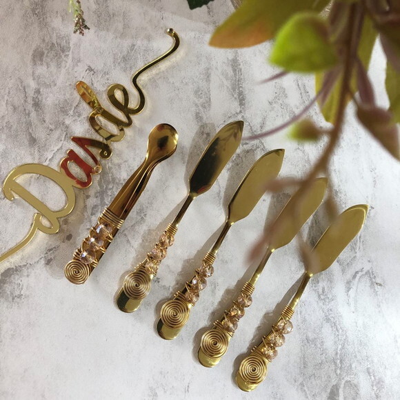 Espátula Dourado Bordada Patê Manteiga Cristal Ambar - 4 Pçs