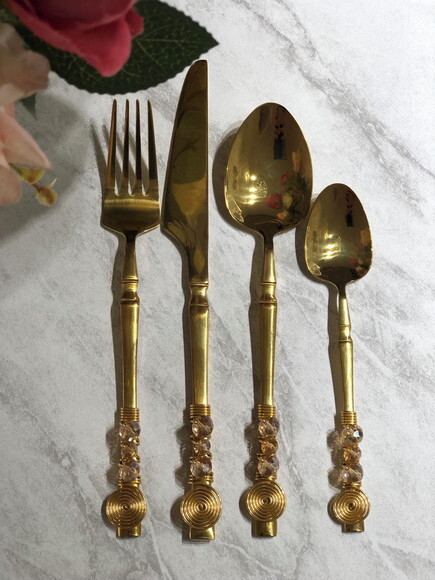 Faqueiro Dourado Luxor Talheres Mesa Bordados - 24 Peças