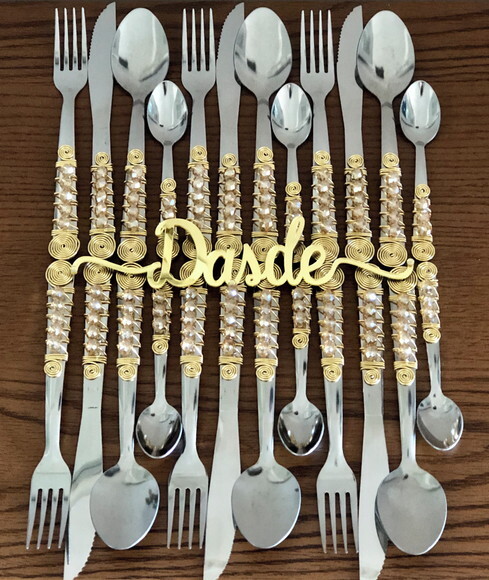 Faqueiro Talheres Mesa Bordado Cristal Champagne - 24pçs
