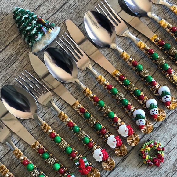 Faqueiro Talheres Mesa Bordado Tema Natal 24 Pçs - Mod.3