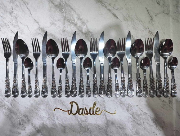 Faqueiro Talheres Mesa Bordados Cristais 2 Tons - 24 Pçs