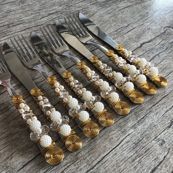 Faqueiro Talheres Mesa Bordados Pérolas - 24 Pçs
