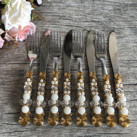 Faqueiro Talheres Mesa Bordados Pérolas - 24 Pçs