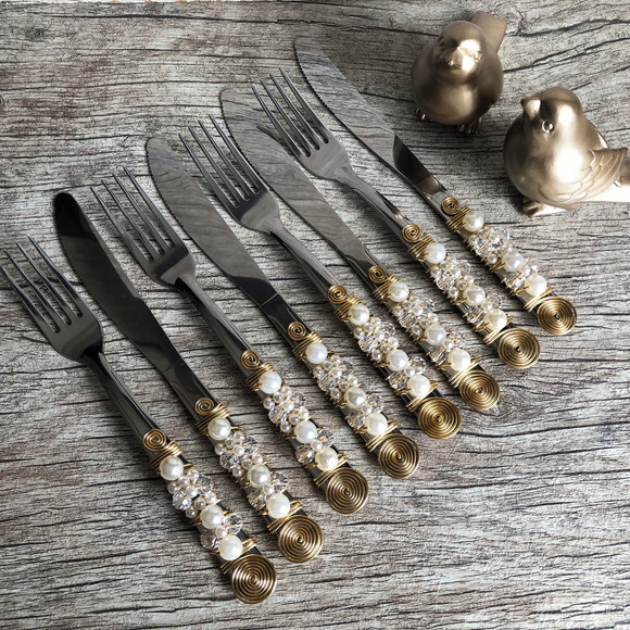 Faqueiro Talheres Mesa Bordados Pérolas Lisas - 24 Pçs