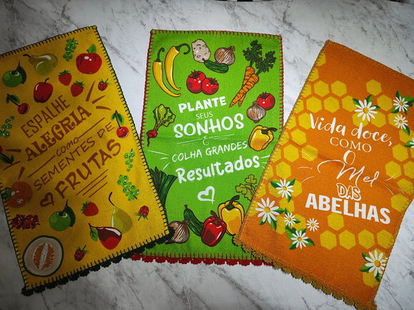 Pano Copa Prato Felpudo Legumes Croche - Kit 3 Unidades