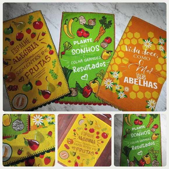 Pano Copa Prato Felpudo Legumes Croche - Kit 3 Unidades