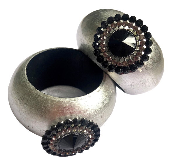 Porta Guardanapo Prata Glamour com Strass Preto - 4 Unid.