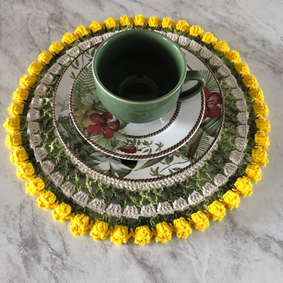 Sousplat Americano Croche Boho Barroco Tulipa Amarelo *par*