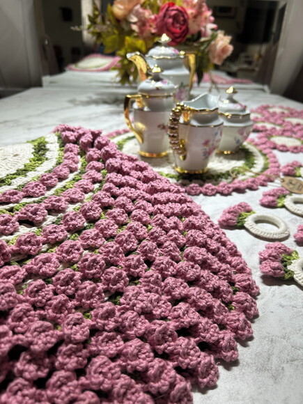 Sousplat Americano Croche Boho Barroco Tulipa Rosa *par*