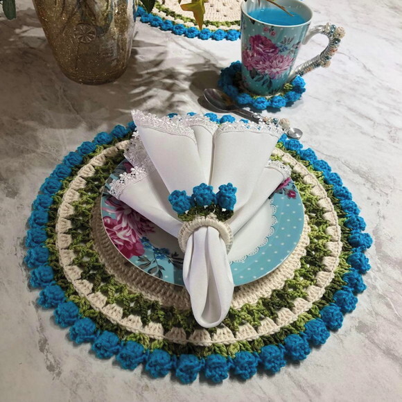 Sousplat Americano Croche Boho Barroco Tulipa Turquesa *par*