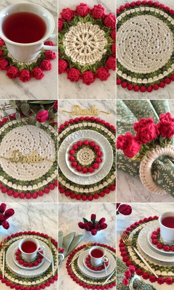 Sousplat Americano Croche Boho Barroco Tulipa Vermelha *par*