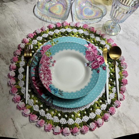 Sousplat Americano Croche Boho Tulipa Rosa Degradê *par*