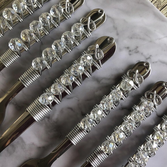 Talheres Bordado Cristal Garfinho & Espátula Torta - 7 Peças