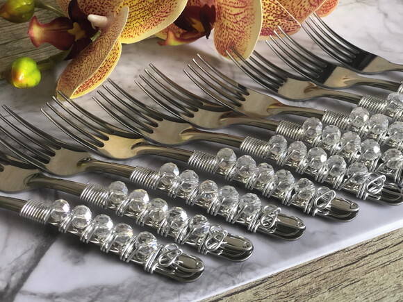 Talheres Bordado Cristal Garfinho & Espátula Torta - 7 Peças