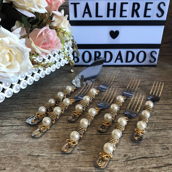 Talheres Bordado Garfinho & Espátula Torta - Bolo - 7 Peças